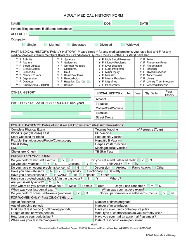 FO002 Adult Medical History screenshot