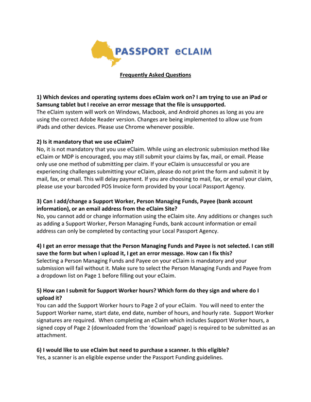 EClaim Frequently Asked Questions screenshot