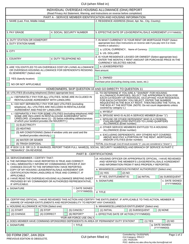 DD FORM 2367, Individual Overseas Housing Allowance (OHA) Report screenshot