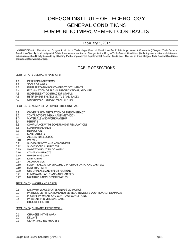 Oregon Institute Of Technology General Conditions For Public Improvement Contracts screenshot