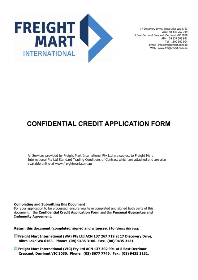Confidential Credit Application Form screenshot