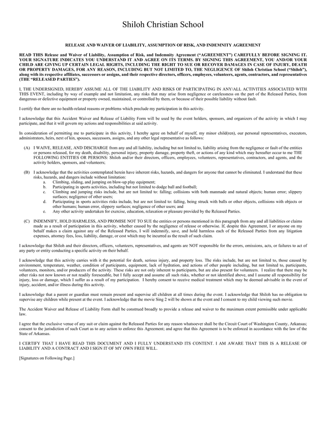 Release And Waiver Of Liability, Assumption Of Risk, And Indemnity Agreement screenshot