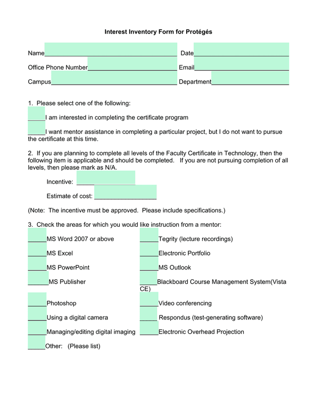 Interest Inventory Form For Protgs screenshot