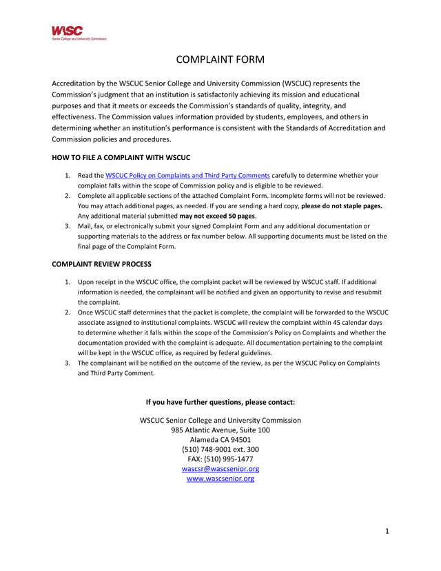 Complaint Form screenshot