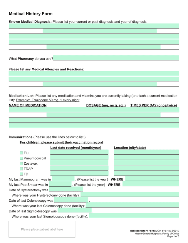 Medical History Form MGH 510 screenshot