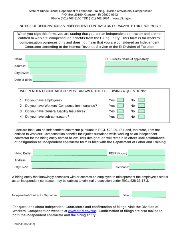 Notice Of Designation As Independent Contractor screenshot