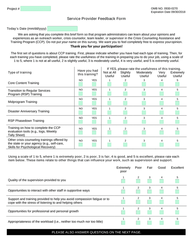 Service Provider Feedback Form screenshot
