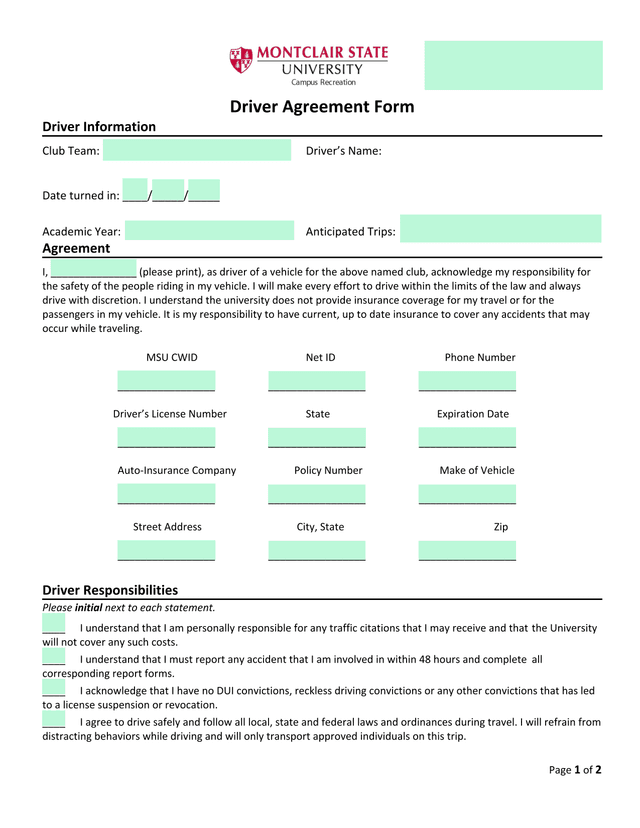 Driver Agreement Form screenshot