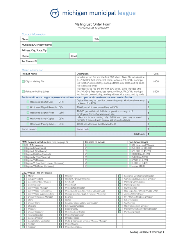 Mailing List Order Form screenshot