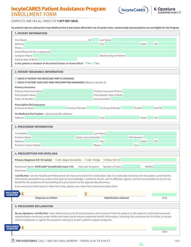 IncyteCARES Patient Assistance Program Enrollment Form screenshot