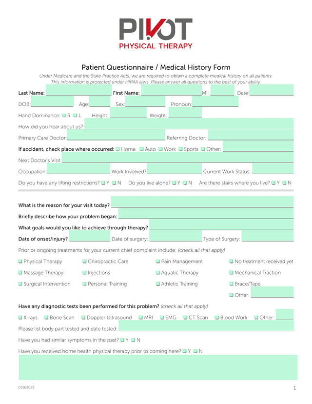 Patient Questionnaire  Medical History Form screenshot