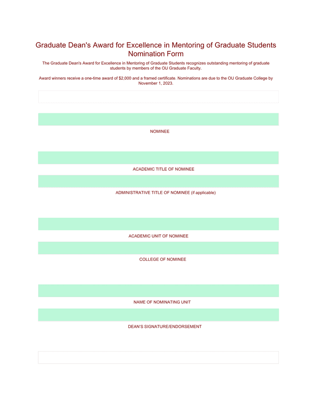 Graduate DeanS Award For Excellence In Mentoring Of Graduate Students Nomination Form screenshot