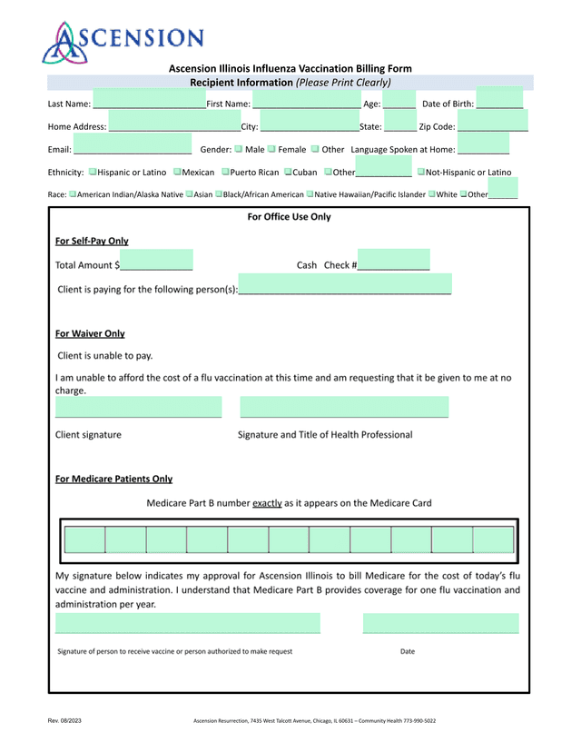 Ascension Illinois Influenza Vaccination Billing Form screenshot