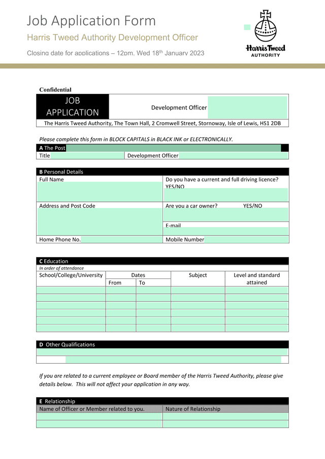 Job Application Form   Development Officer screenshot