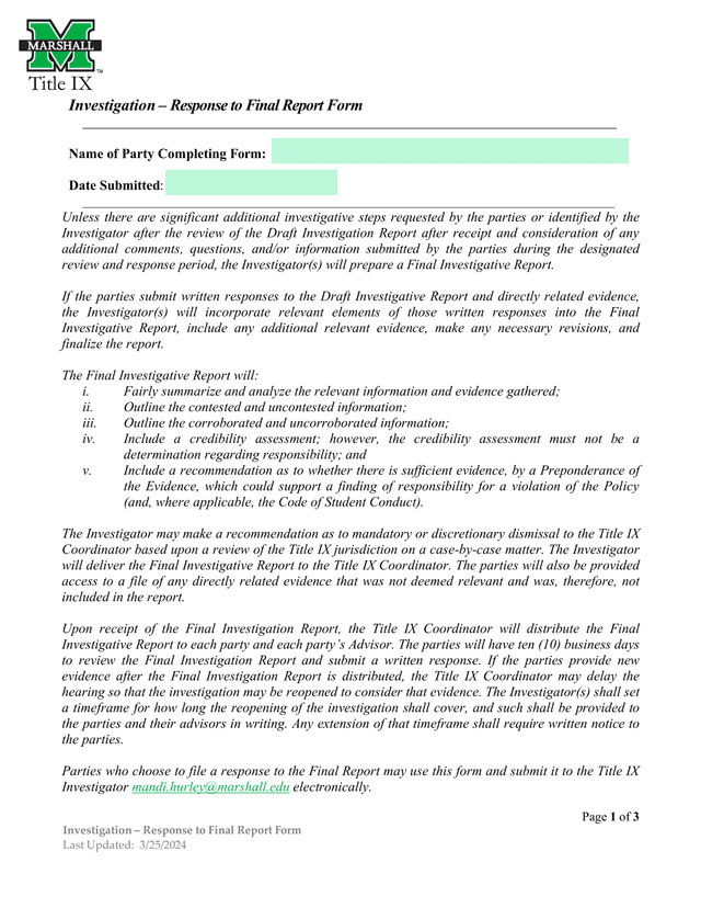 Investigation  Response To Final Report Form screenshot