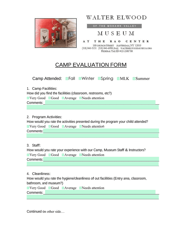 Camp Evaluation Form screenshot