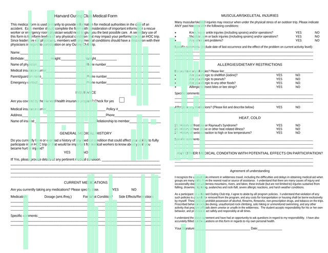 Harvard Outing Club Medical Form screenshot