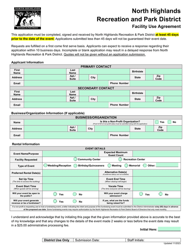North Highlands Recreation And Park District Facility Use Agreement screenshot