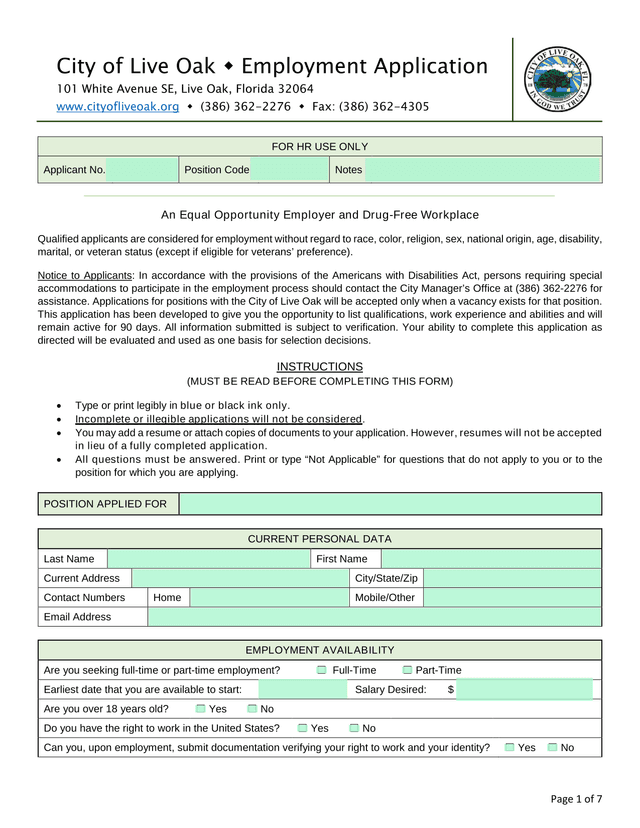 City Of Live Oak Employment Application screenshot