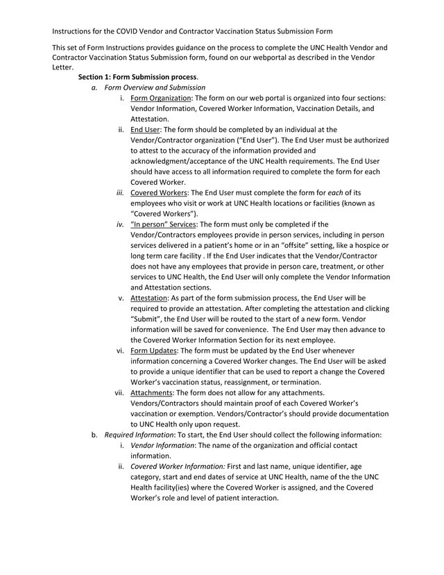 COVID Vendor And Contractor Vaccination Status Submission Form Instructions screenshot