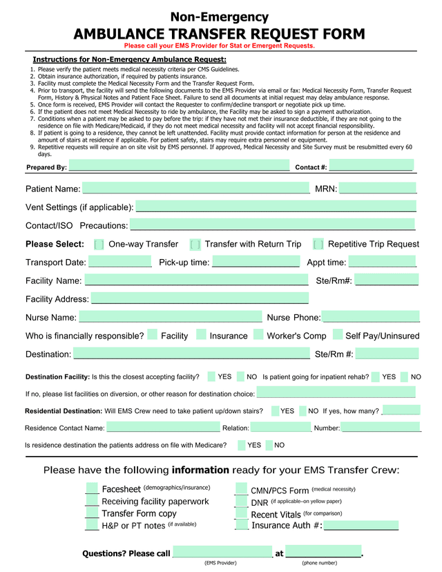 Non Emergency Ambulance Transfer Request Form screenshot
