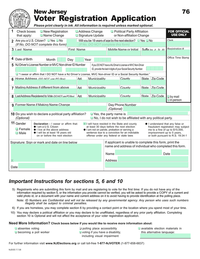 NJDOE 7.7.08 Voter Registration Form screenshot