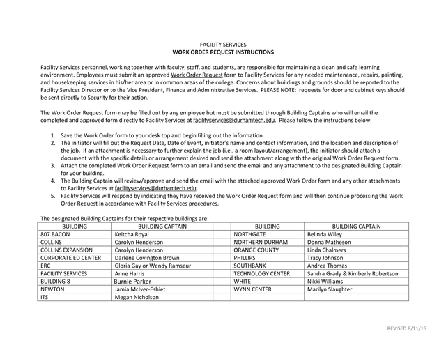 Facility Services Work Order Request Instructions screenshot