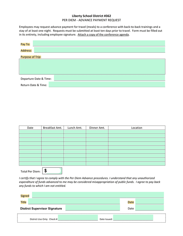 Liberty School District 362 PER DIEM   ADVANCE PAYMENT REQUEST screenshot