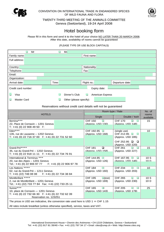 Hotel Booking Form For CITES Animals Committee Meeting screenshot
