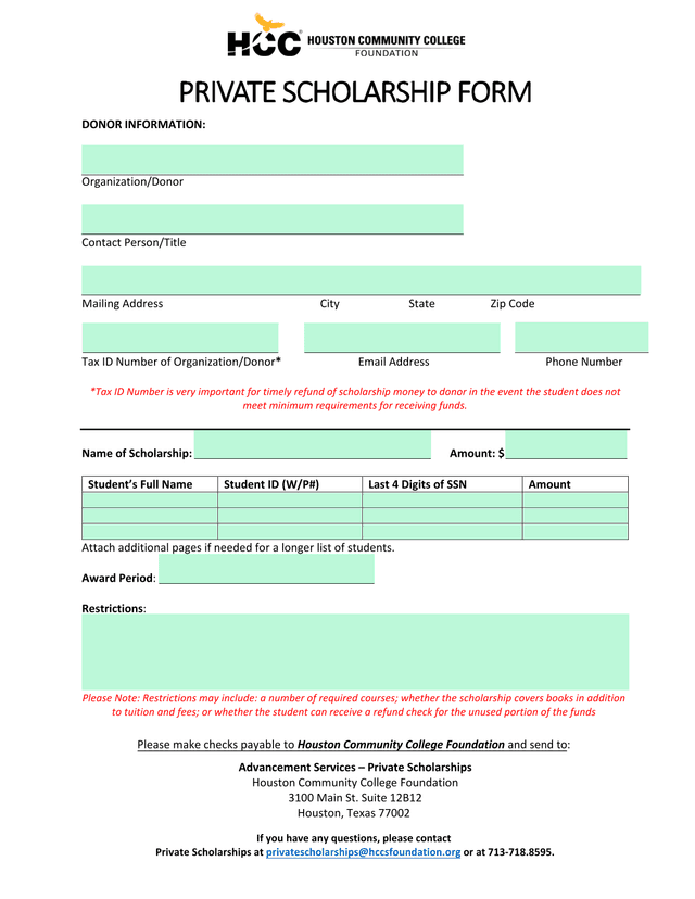 Private Scholarship Form screenshot