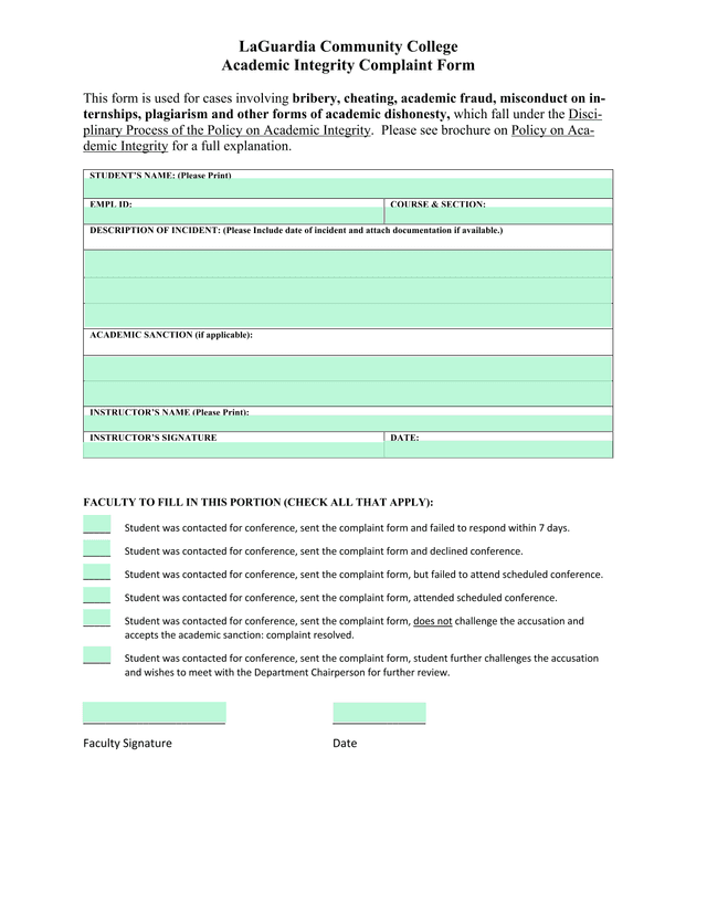 Academic Integrity Complaint Form screenshot