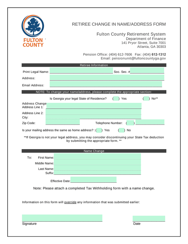 Retiree Change In NameAddress Form screenshot