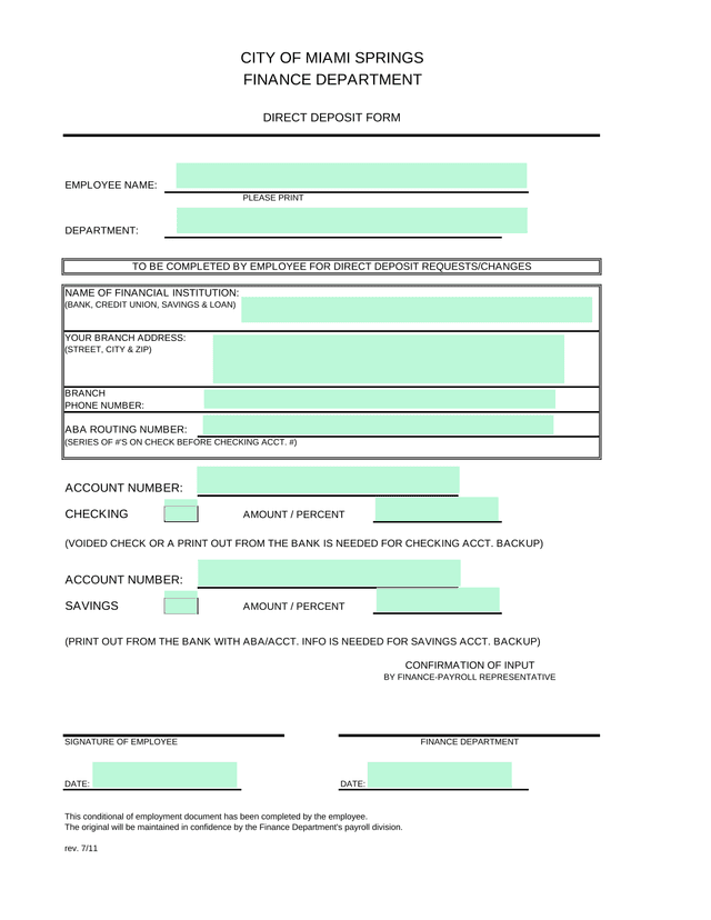 Direct Deposit Form screenshot
