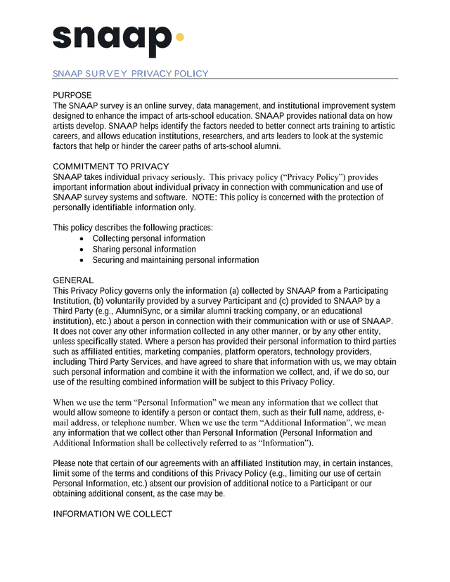 SNAAP Survey Privacy Policy screenshot