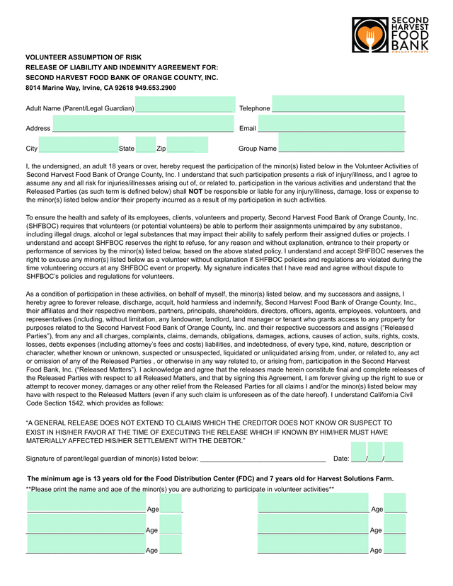 Volunteer Assumption Of Risk Release Of Liability And Indemnity Agreement screenshot