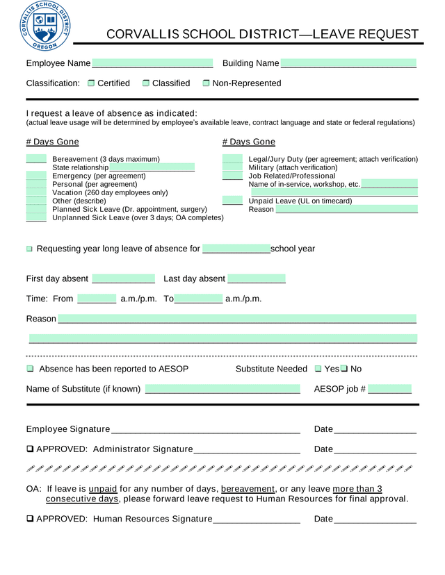 CORVALLIS SCHOOL DISTRICTLEAVE REQUEST screenshot