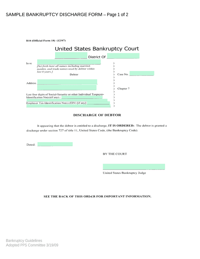 SAMPLE BANKRUPTCY DISCHARGE FORM screenshot