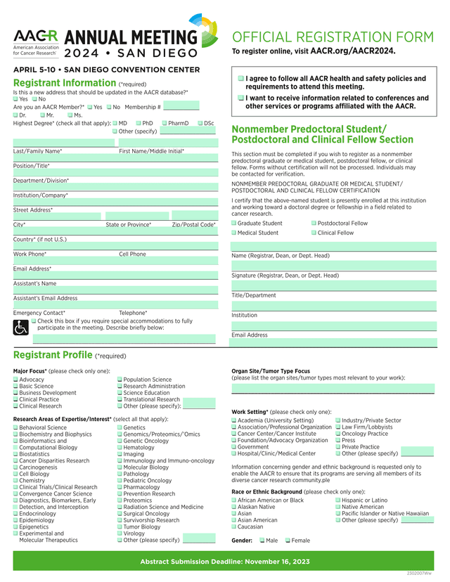 AACR Official Registration Form screenshot