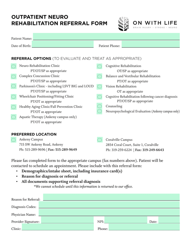 Outpatient Neuro Rehabilitation Referral Form screenshot