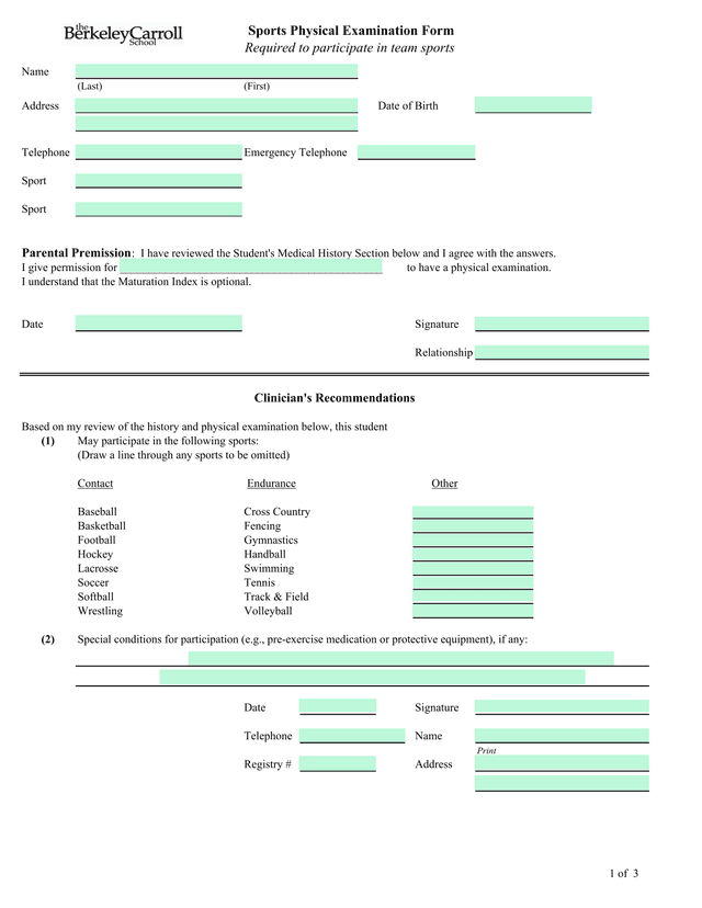 Sports Physical Examination Form screenshot
