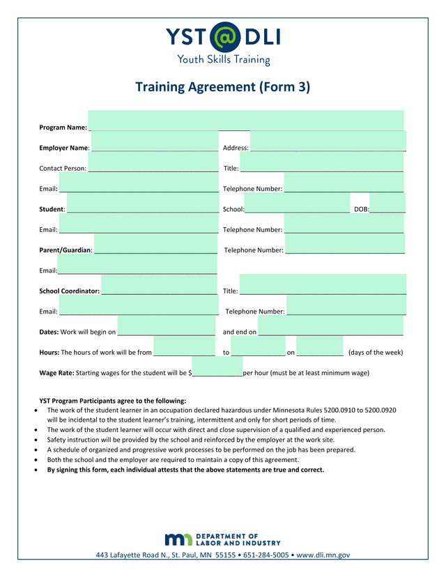 Training Agreement (Form 3) screenshot