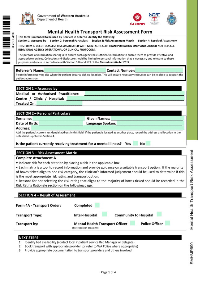 Mental Health Transport Risk Assessment Form screenshot