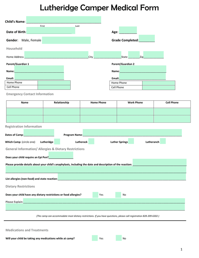 Lutheridge Camper Medical Form screenshot