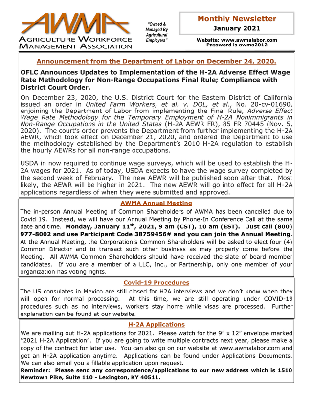 H 2A Adverse Effect Wage Rate (AEWR) Update Announcement screenshot