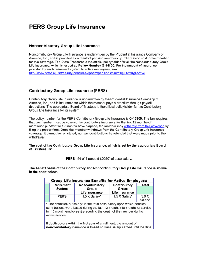 PERS Group Life Insurance screenshot