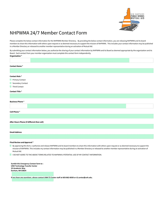 NHPWMA 247 Member Contact Form screenshot