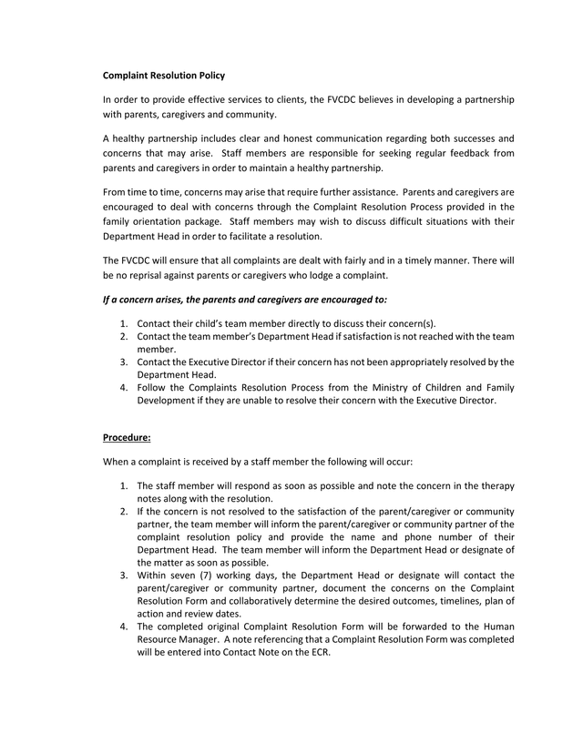 Complaint Resolution Policy screenshot