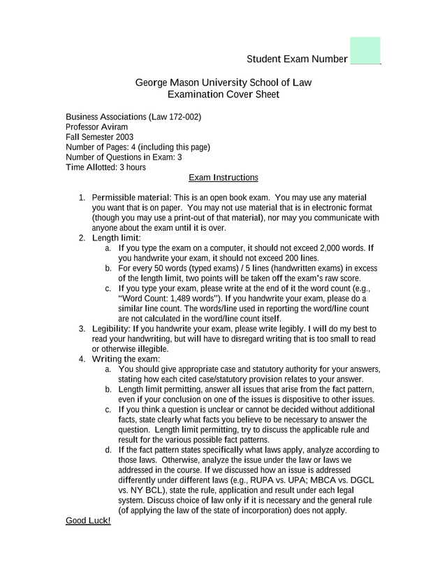 George Mason University School Of Law Examination Cover Sheet screenshot