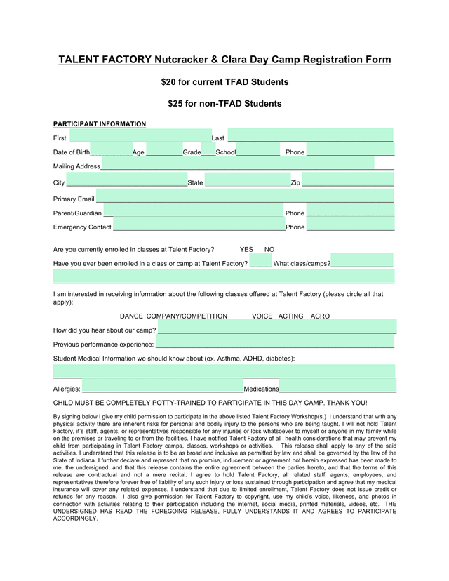 Talent Factory Nutcracker  Clara Day Camp Registration Form screenshot