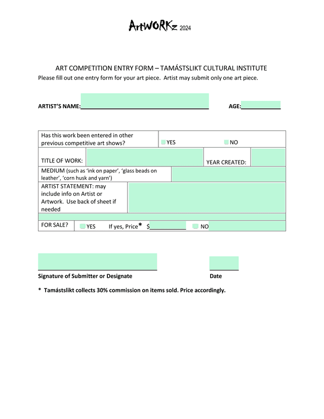 ArtWORKz 2024 Art Competition Entry Form screenshot